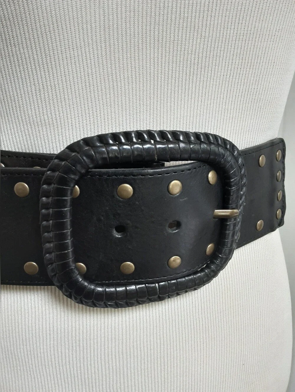 FOSSIL Black Studded Wide Woven Leather Belt Decorative Buckle Sz M - Y2K